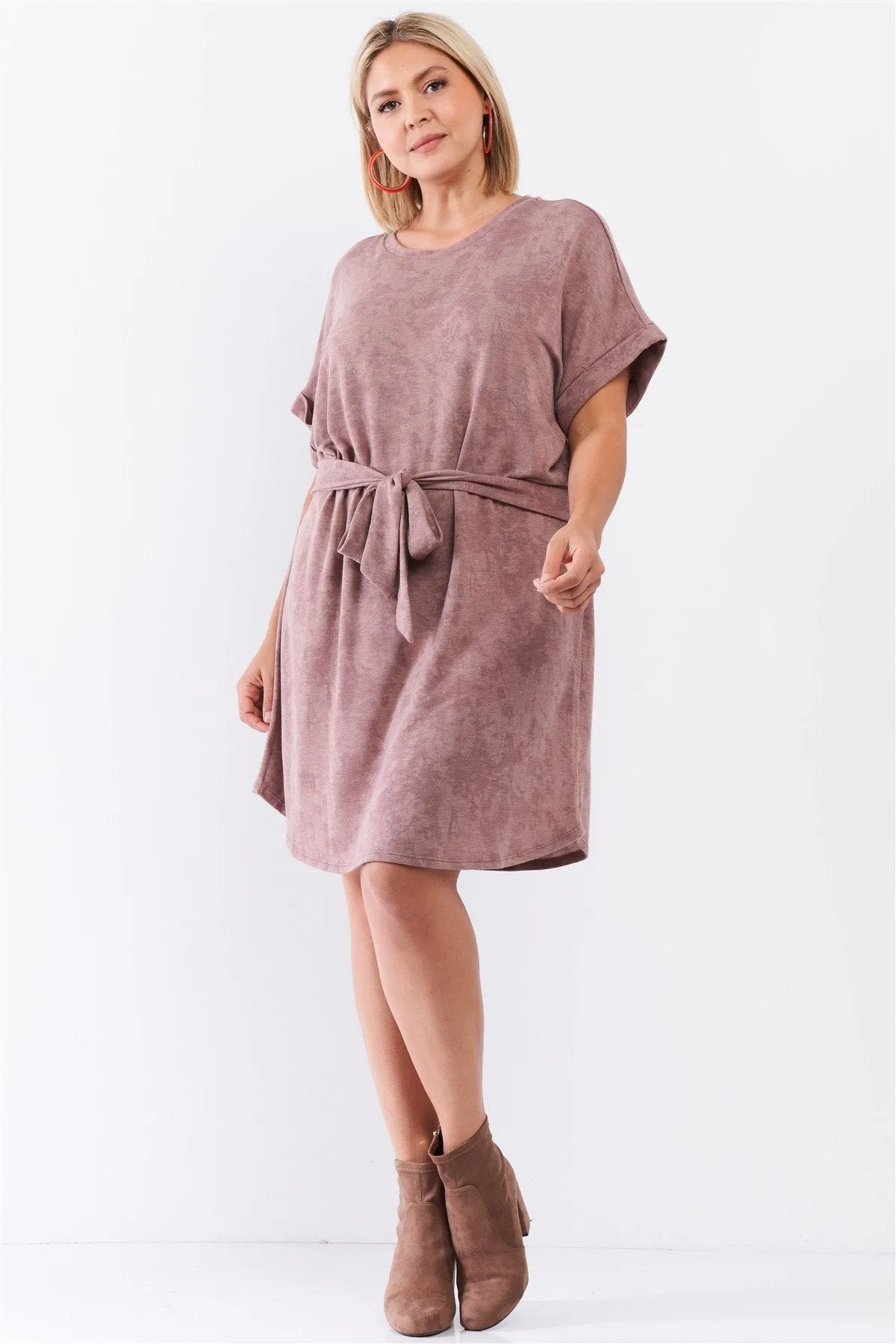 Plus Size  Acid Wash Print Self-tie Waist Mini Shirt Dress